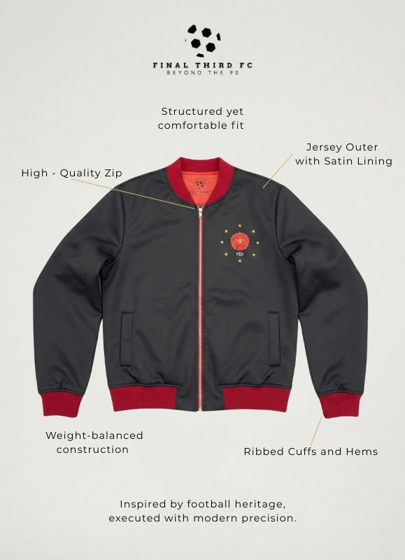 Black bomber jacket with red accents on a light gray background, featuring text labels about the jacket's features.