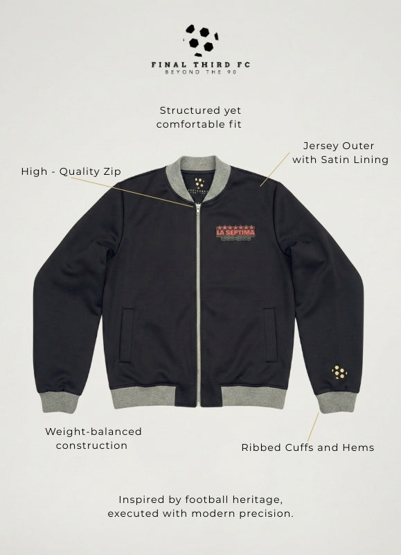 Black jacket with gray accents on a white background, featuring text about the jacket's features.