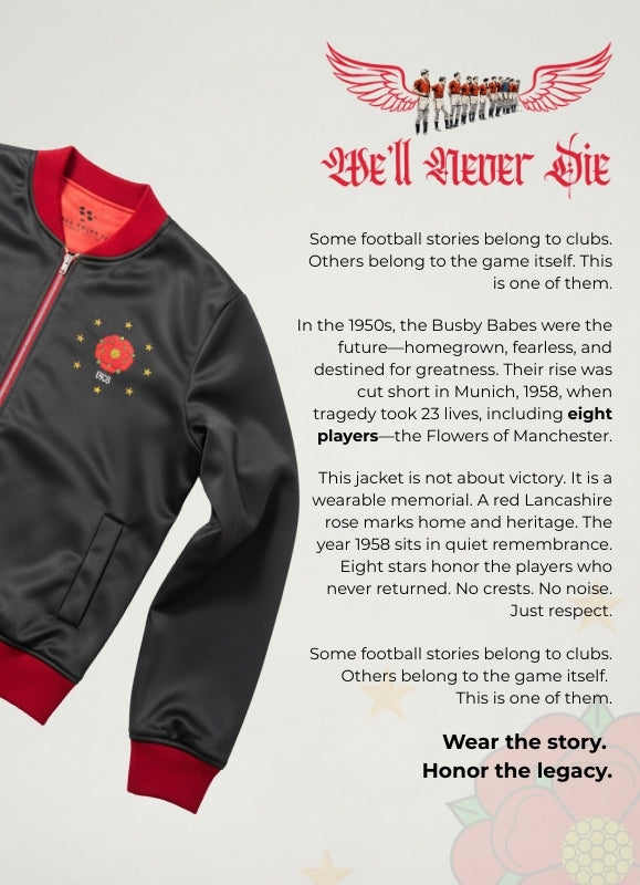 Black jacket with red accents on a white background, featuring text about the Busby Babes.