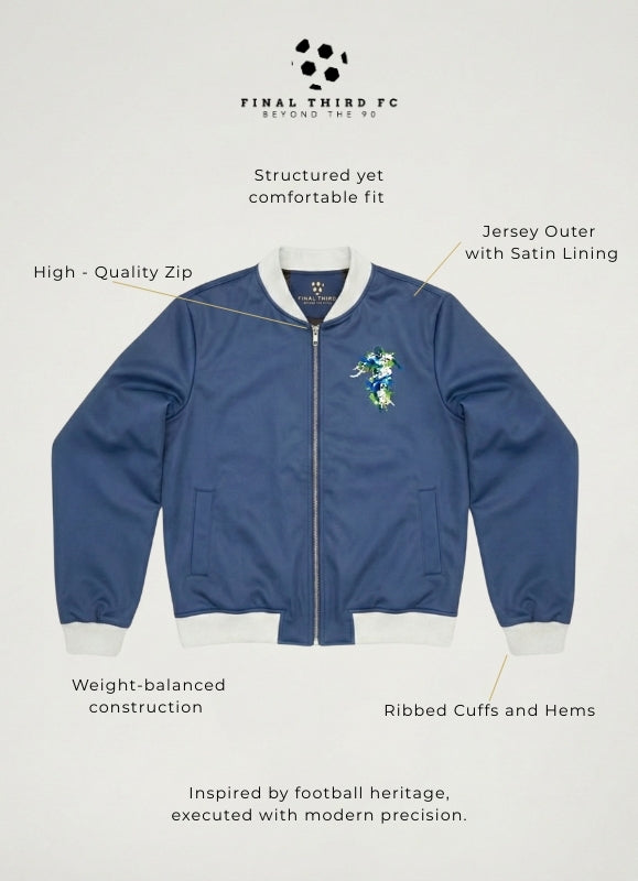 Blue bomber jacket with features highlighted on a light gray background