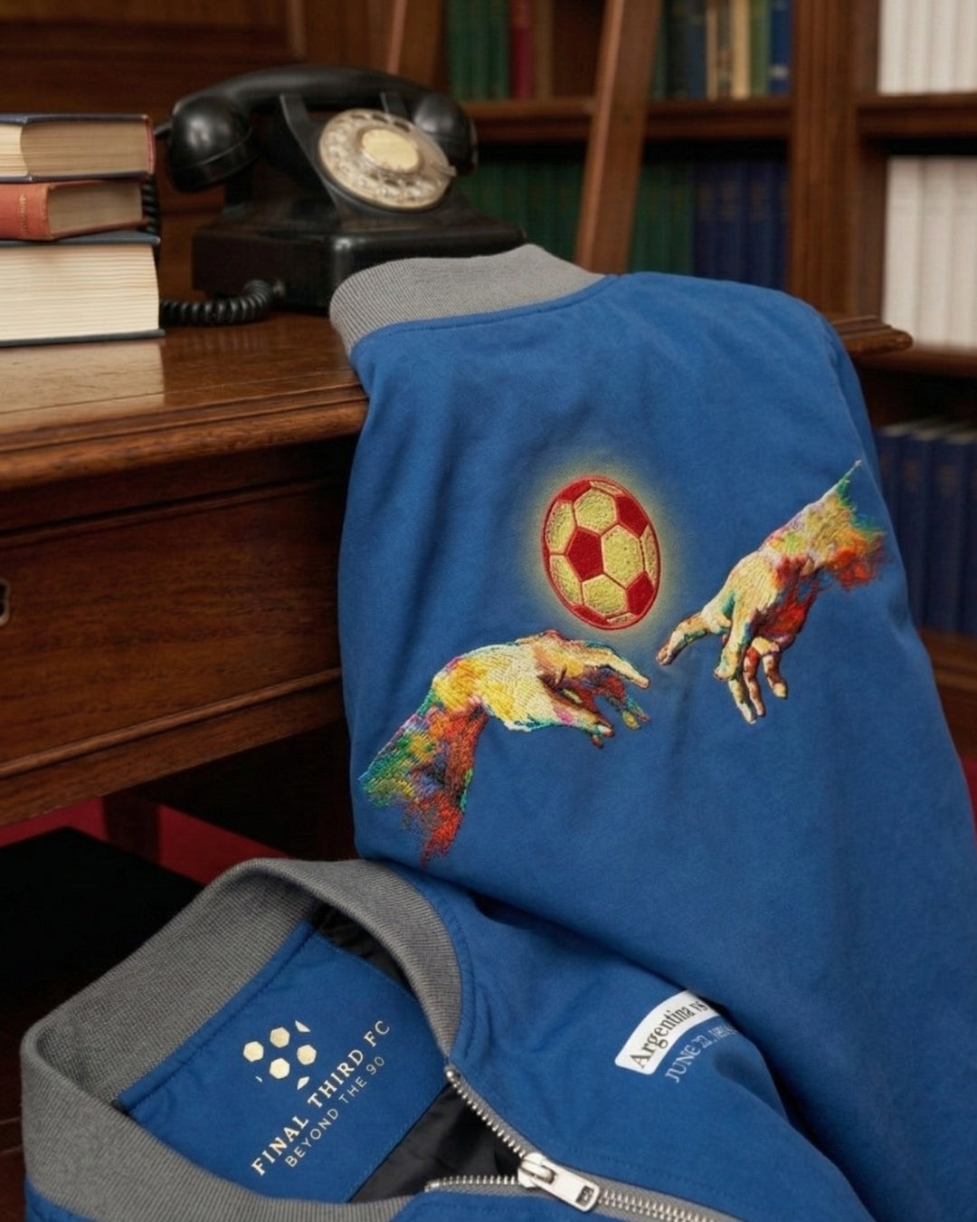 Blue jacket with colorful design of hands around a soccer ball on a wooden desk with books and a phone.