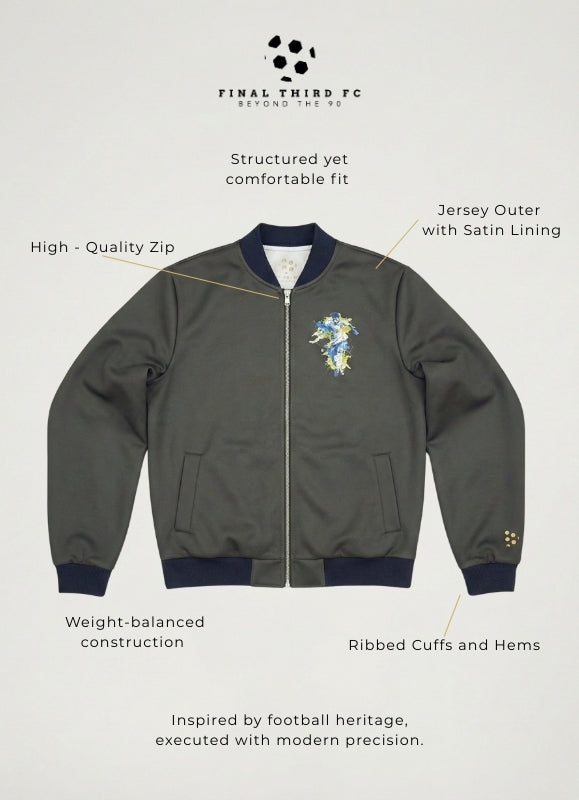 Gray bomber jacket with features highlighted on a light gray background, featuring 'Final Third FC' branding.