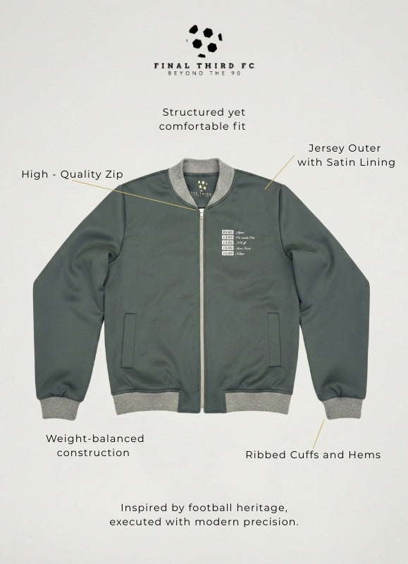 Green bomber jacket with features highlighted on a light gray background, featuring 'Final Third FC' branding.