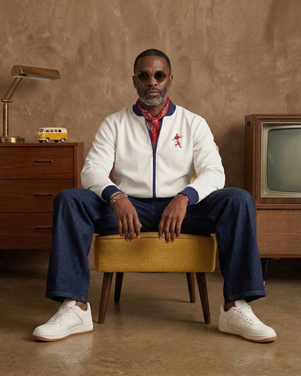 Man sitting on a yellow stool in a room with vintage furniture and decor.