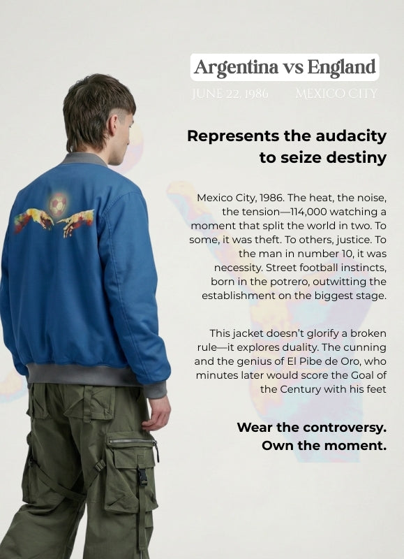 Man wearing a blue jacket with a design on the back, standing against a light gray background.