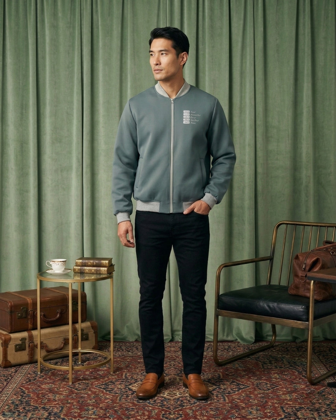 Man wearing a light blue bomber jacket standing in a room with green curtains and vintage furniture.