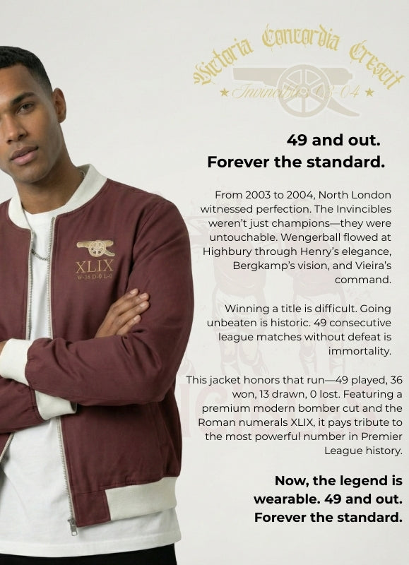 Man wearing a maroon bomber jacket with text about the brand's history and achievements.