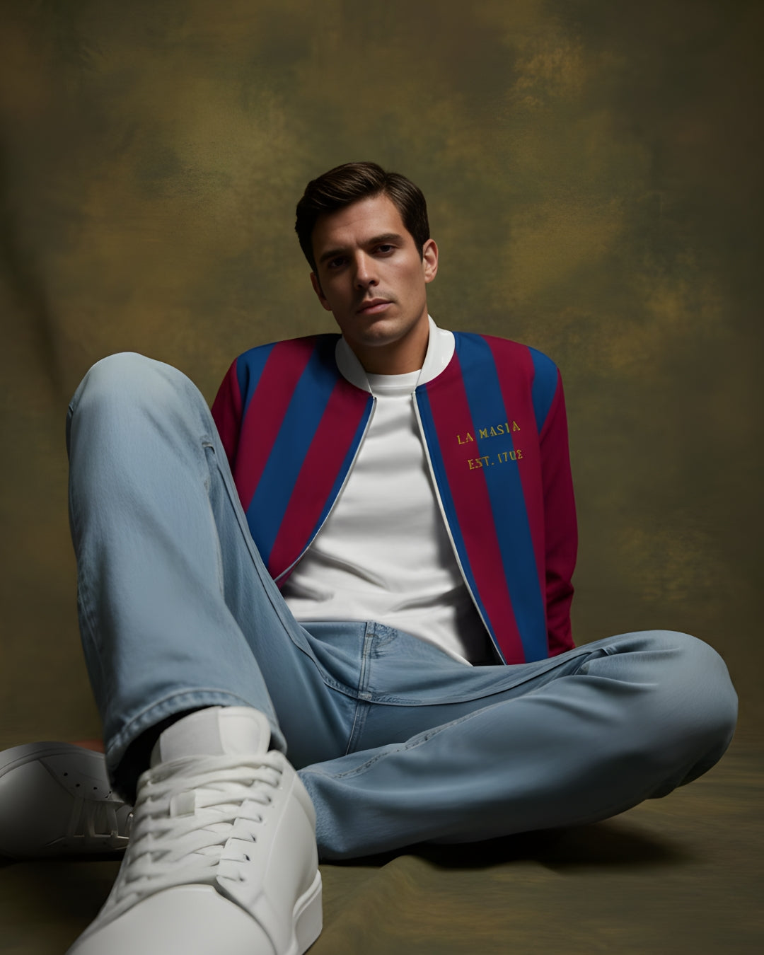 Man wearing a red and blue striped jacket sitting on the floor against a brown background