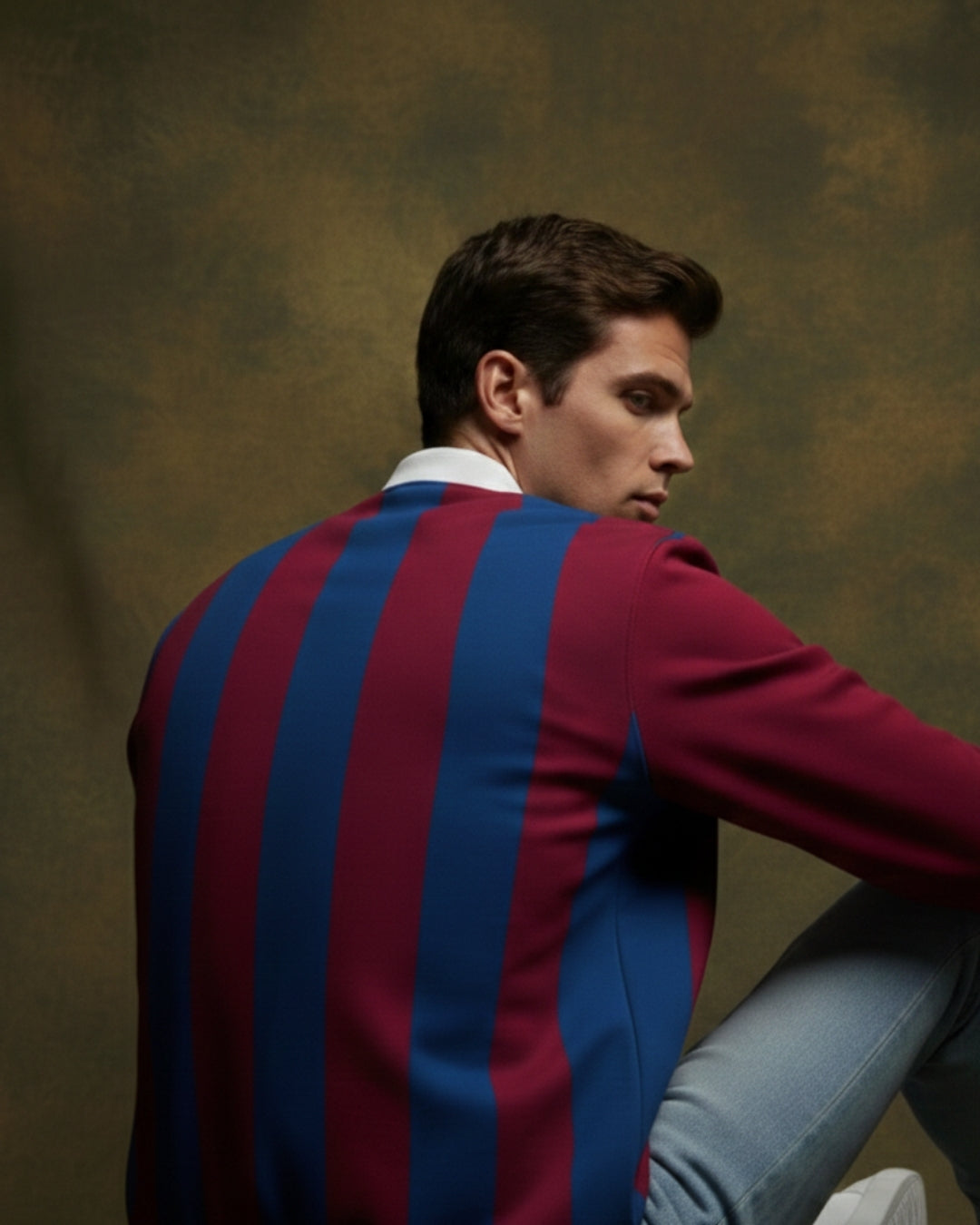 Man wearing a red and blue striped suit against a textured brown background