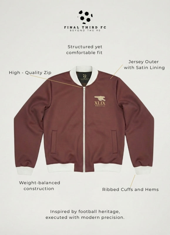 Maroon jacket with white accents and branding on a light gray background