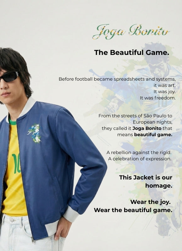 Person wearing a blue jacket with text about Joga Bonito on a light gray background