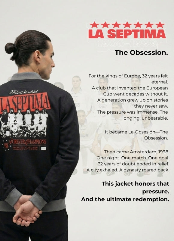 Person wearing a jacket with 'La Septima' branding and text on a light gray background