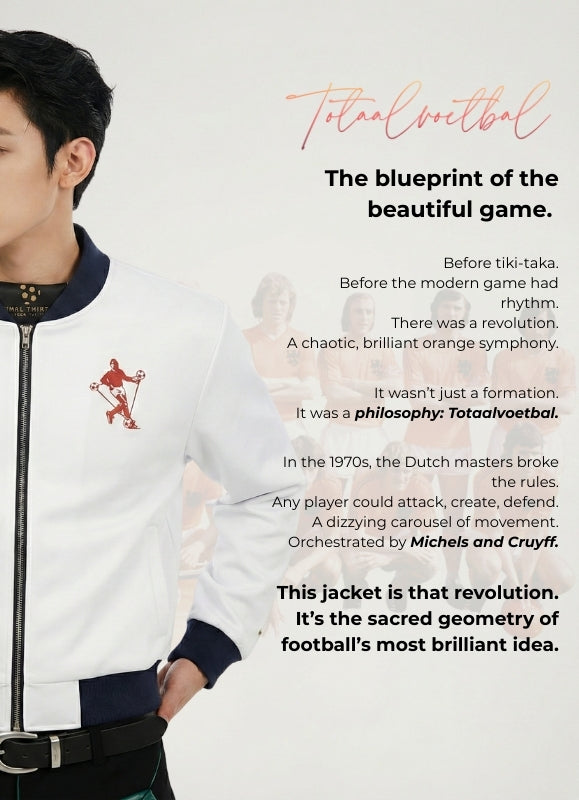 Person wearing a white jacket with black accents, featuring text about Totalvoetbal and football philosophy.