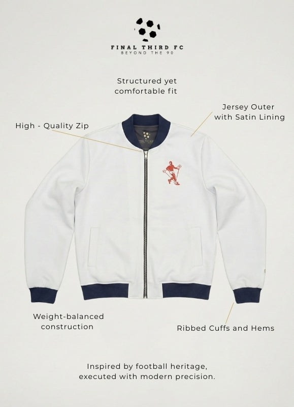 White bomber jacket with black accents on a light gray background, featuring text about the jacket's features.